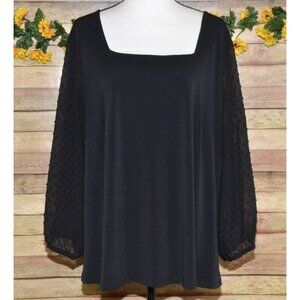 Adrianna Papell Black Swiss Dot Sheer Sleeve Blouse Top Plus Size 3X Square Neck